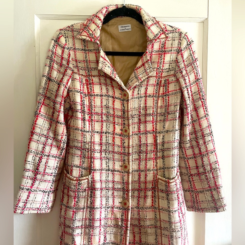 Philosophy di Alberta Ferretti Coat, White Pink Wool boucle, Sz 4 Made In Italy